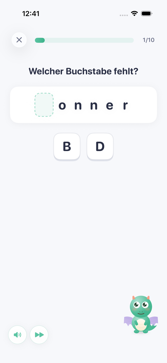 App-Ansicht: b-oder-d-Übung „Welcher Buchstabe fehlt?“ mit dem Wort _onner und den Antworten B und D