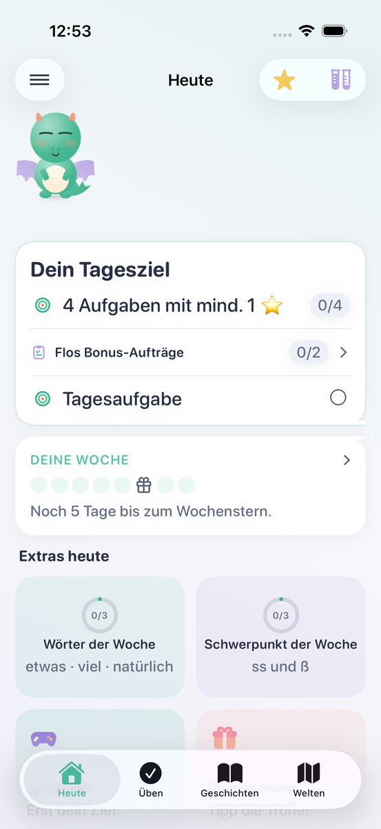 App-Ansicht: Der Heute-Bildschirm mit Tagesziel, Wochenübersicht und Flo