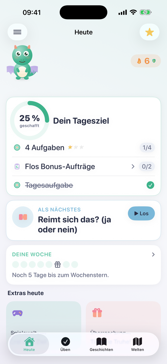 App-Ansicht: Der Heute-Bildschirm mit Tagesziel-Ring, Aufgaben und Wochenübersicht
