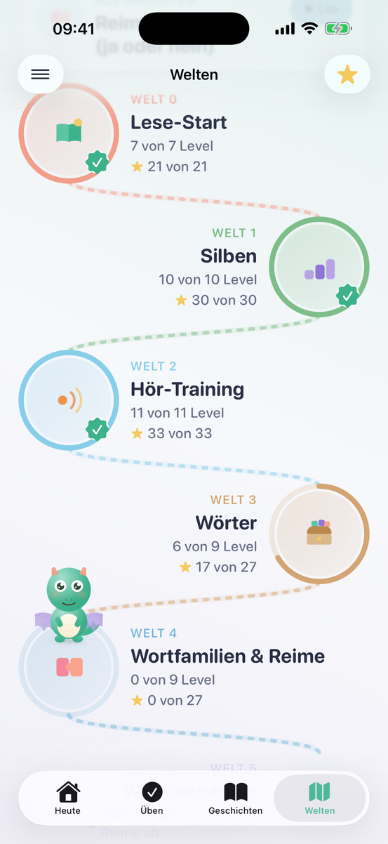 App-Ansicht: Die Welten-Landkarte mit Lese-Start, Silben, Hör-Training und Wörtern samt Fortschritt